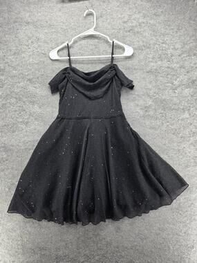 Meetjen Dress Womens S Black Fit & Flare Short Cowl Neck Mesh Lined Glitter